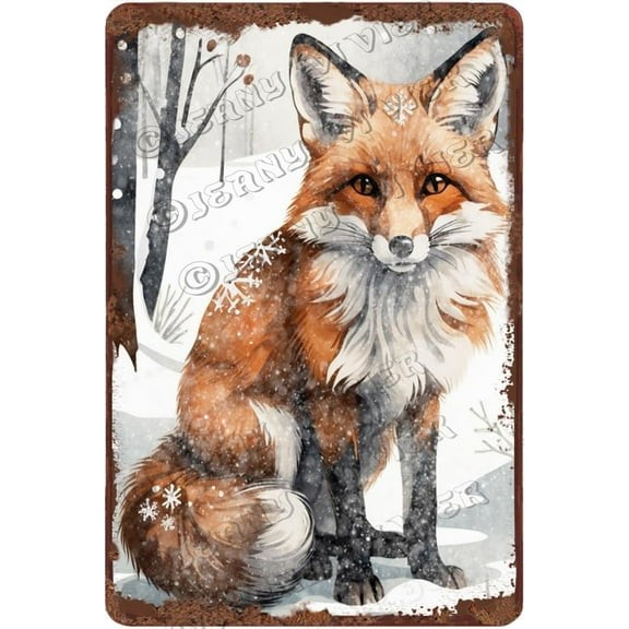 Winter Decor Fox Vintage Aluminum Sign Christmas Party Decorative Snowy Forest Nature Picture Cute Woodland Animal Wall Decor Nursery Wall Art 12x8 inches