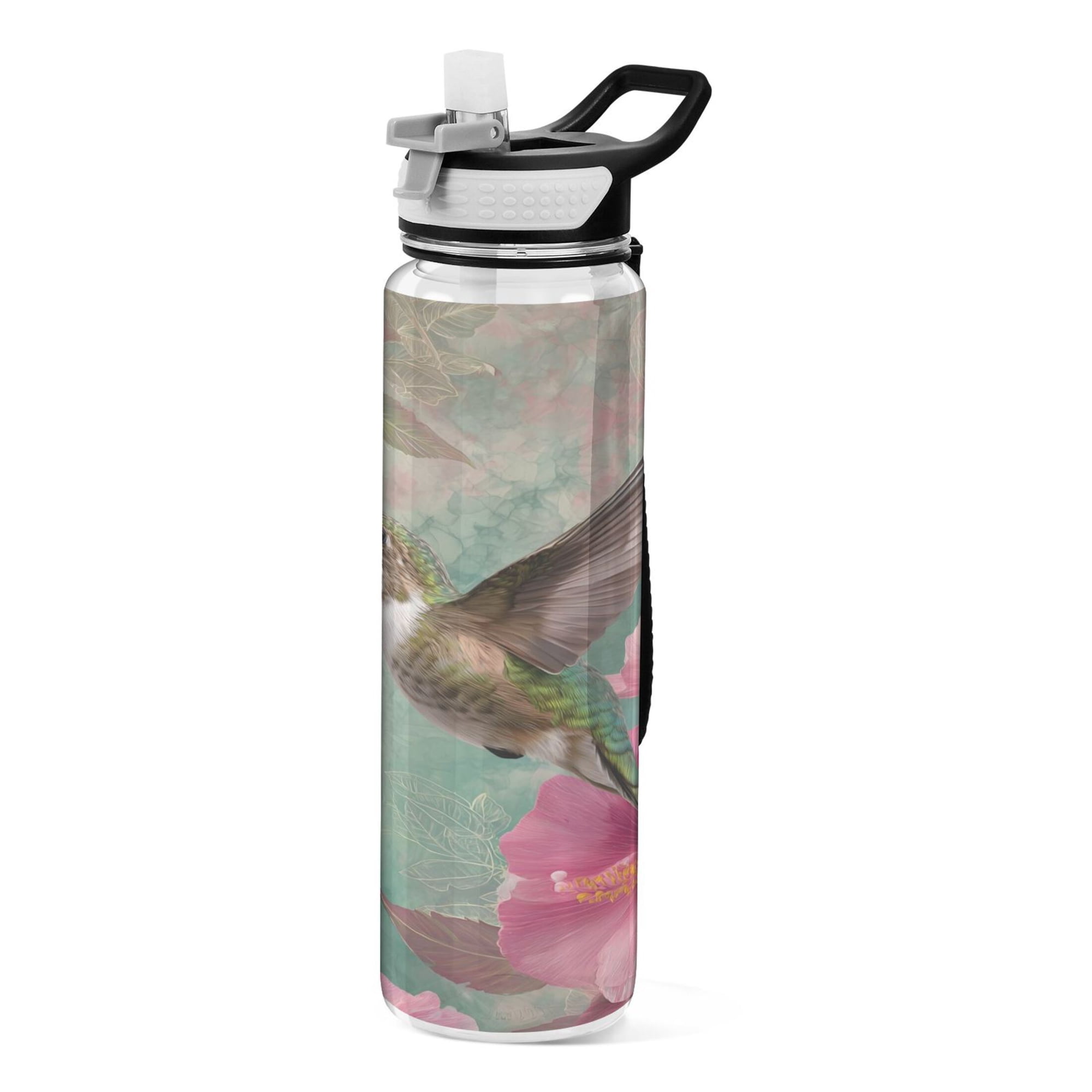 Wobogo Sports Water Bottle 34oz with Straw BPA-Free Tritan for Gym Travel & Outdoor Activities Emerald Green Hummingbird Print