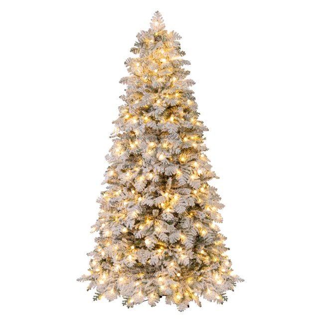 Gymax 7 FT Pre-Lit Artificial Christmas Tree Hinged Snow Flocked Xmas Tree w/ 806 Mixed Branch Tips