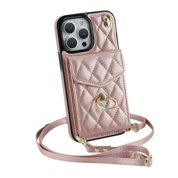 Phone Case With Adjustable Ring Holder Lanyard Wallet Bag Phone Case Protective Shockproof Leather Case For IPhone 15 rose gold iPhone15Promax