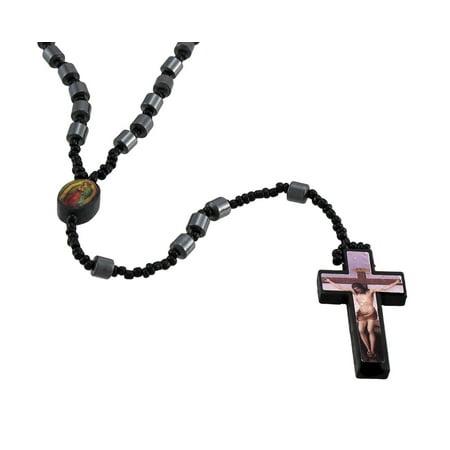 Hematite Barrel Beaded Rosary Printed Graphic Cross Lavender