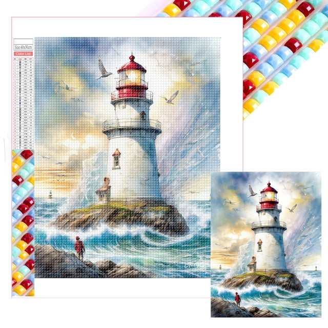 (ZQA3911) Serie Paisaje Faro Diamante Cuadrado Resina 30*40 CM Tamaño Lienzo 35*45 CM
