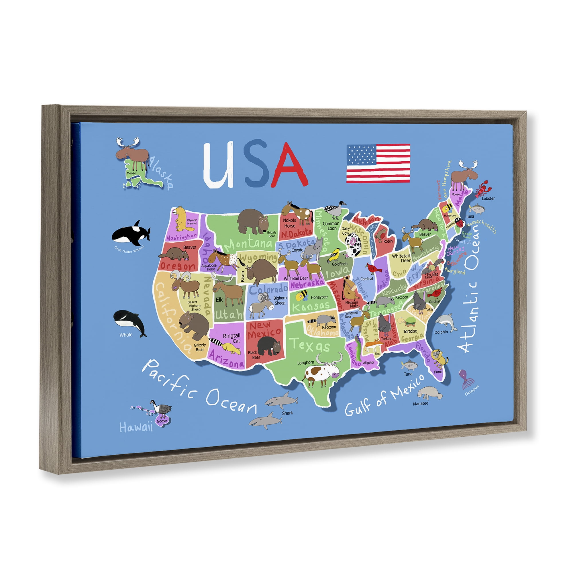 Stupell Industries United States Animal Map Town & City Painting Brown Floater Framed Art Print Wall Art, 31 x 21
