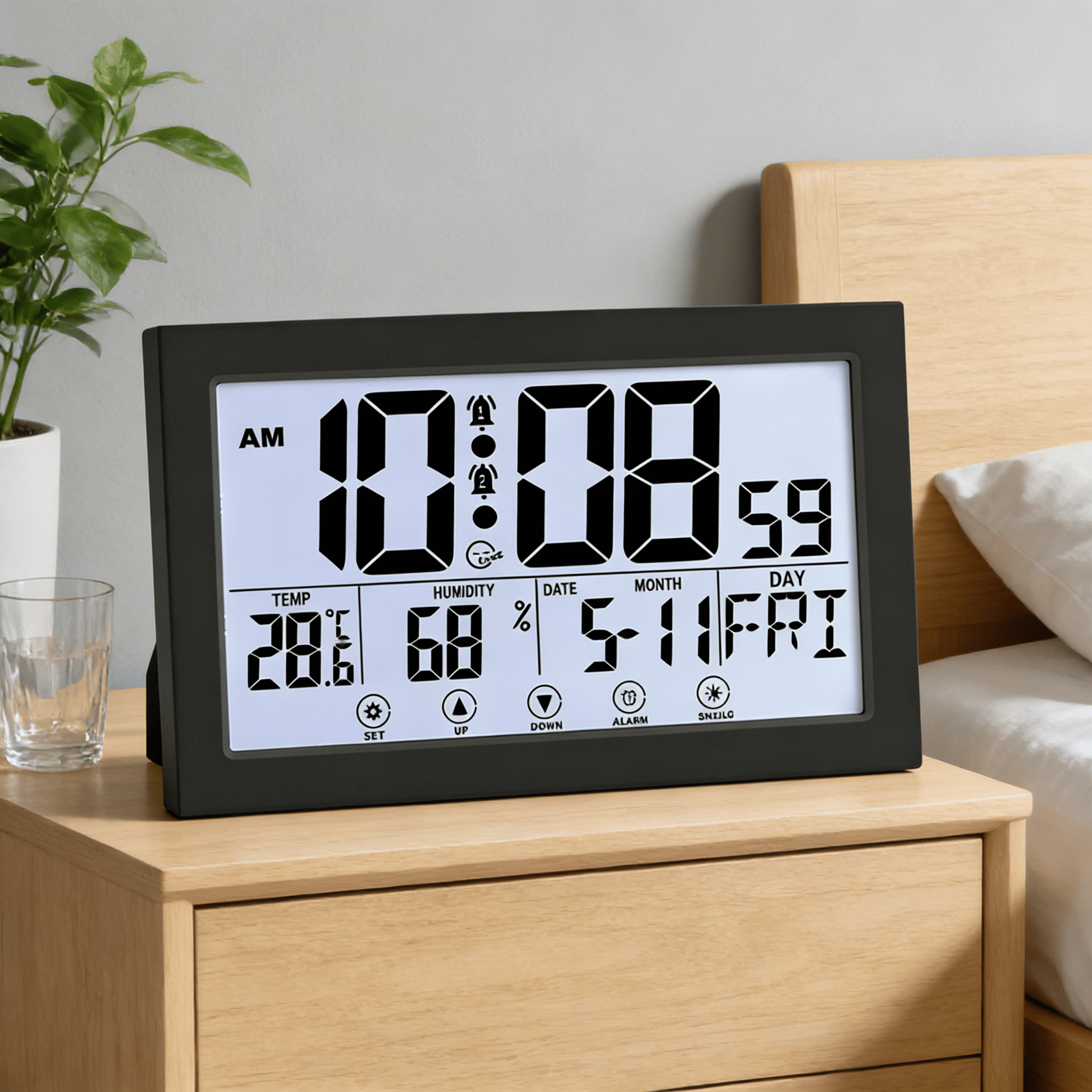 DESIGNICE 2026 New Auto Set Digital Wall Clock Battery Operated,Digital Wall Calendar,Desk Clocks with Temperature,Humidity,Display Digital Calendar Alarm Clock for Elderly,Bedroom,Office,Black