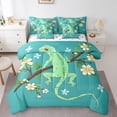 thumbnail image 1 of 7 Pcs Green Lizard Bed In A Bag,Animal Reptile Comforter Set,Beige Flower Floral Bedding Sets Twin Size,Cartoon Wildlife Quilt with Flat Fitted Sheet Brown Branches Green Leaves Decor, 1 of 5