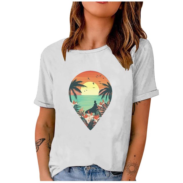 RKSTN T-Shirts Graphiques pour Femmes Mode Imprimée Col Rond Manches Courtes T-Shirt Style Plage d'Été Blouse Décontractée Ample