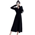 thumbnail image 2 of Jumpingount Vestido Midi de punto de manga larga con cuello en V, suéter de Color sólido de cintura alta, fiesta de vacaciones, ropa de invierno y otoño, Vestidos Negro S Jumpingount AP008203-03, 2 of 6
