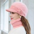 thumbnail image 2 of Gorro de punto grueso y cálido para mujer, conjunto de 3 piezas de guantes y bufanda, Boina de piel de conejo con flores elegantes, gorro de esquí para montar al aire libre, invierno, nuevo, 2 of 4