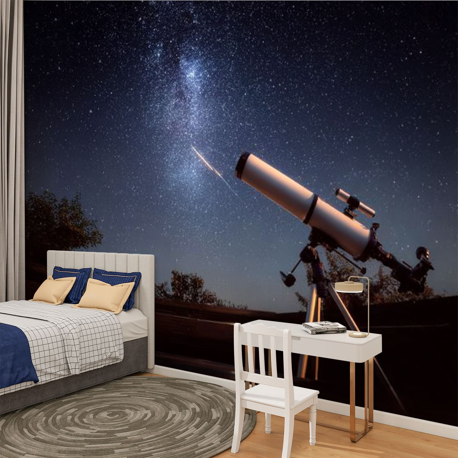 Peel and Stick Wallpaper Telescope watching sky falling star 3d rendering Modern Art Wall Mural Decor Self Adhesive and Removable 100in x 144in