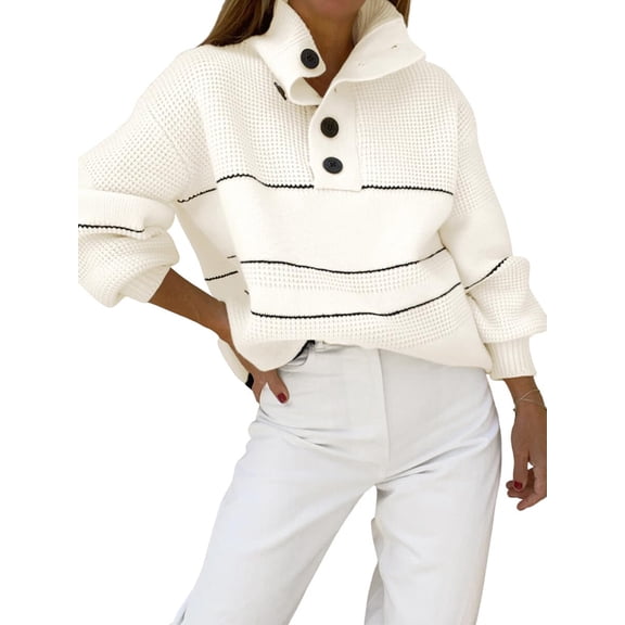 Women'S Slouchy Waffle Knit Sweater 1/2 Button Collared Pullover Striped Sweater Tops White L