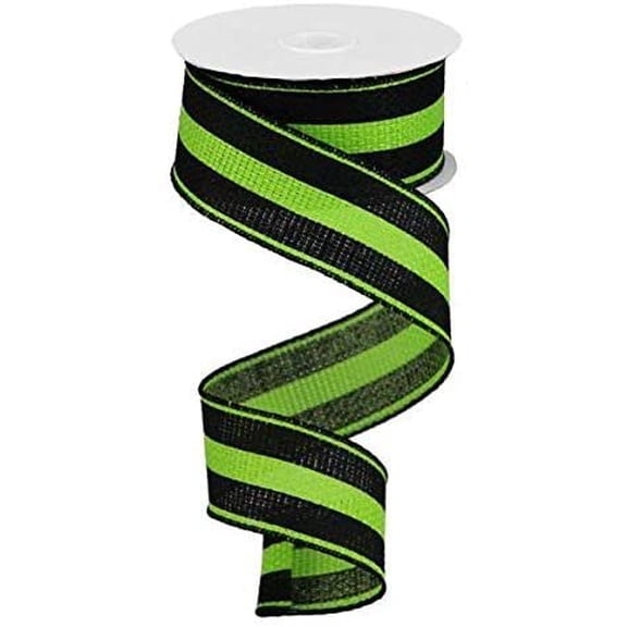 Vertical Stripe Wired Edge Ribbon - 10 Yards Lime Green, Black, 1.5"