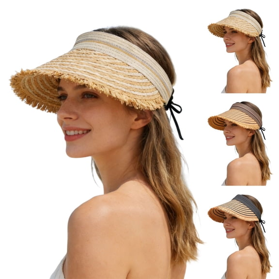 Miaoju Fashion Sun Hats Visor for Women, Straw Beach Hat Adjustable Wide Brim Ponytail Packable for Summer Travel UPF 50