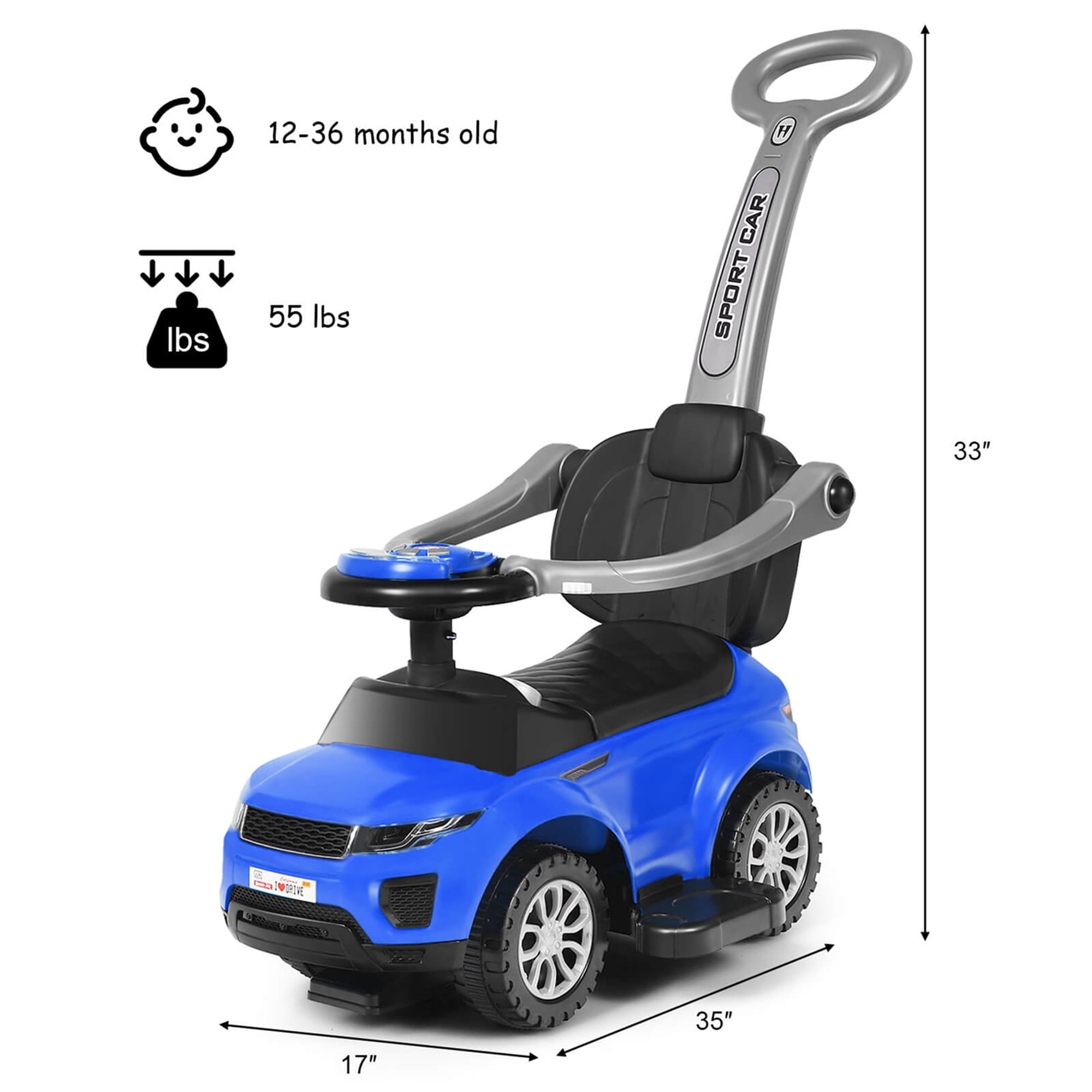 Costway 3 in 1 Ride on Push Car for Toddlers w Music Handle Blue Walmart