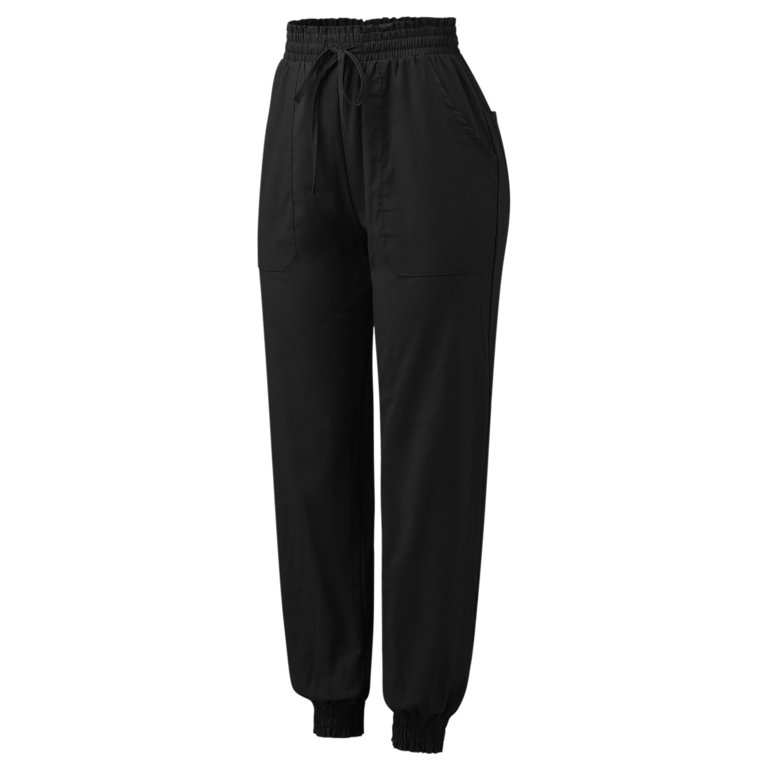 Women's Pant Ladies Trousers Solid Color Stitching Pocket Lace-Up Pants  Black S