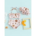 thumbnail image 2 of vera natura Baby Girl Swimsuit Outfits, Halter Neck Flower Print 3D Bow Sleeveless Swimsuit + Swim Shorts + Swim Cap  Beachwear Set, 2 of 9