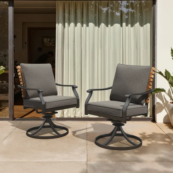EVERITE 2-Pack Steel Outdoor Dining Side Chairs，Khaki Wicker Back & Dark Gray Cushions
