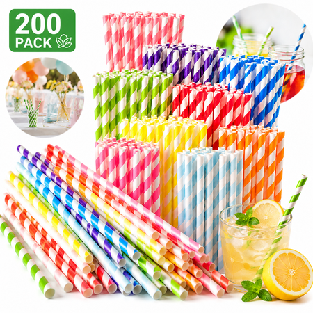 Ustris Paper Straws Disposable - 200 Pack - Durable & Non-Soggy Striped Paper Straws for Drinking in 10 Colors - 100% Biodegradable & Eco-Friendly for Parties, Events, Crafts & Everyday Use