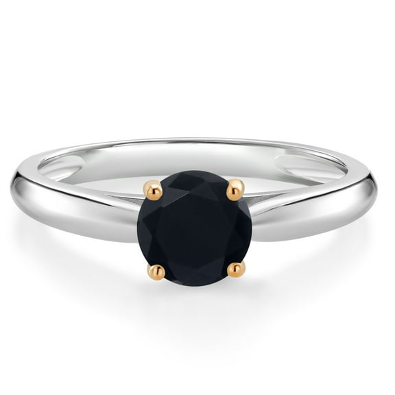 Gem Stone King 0.80 Ct Round Black Onyx 10K White and Yellow Gold Solitaire Engagement Ring (Size 7)