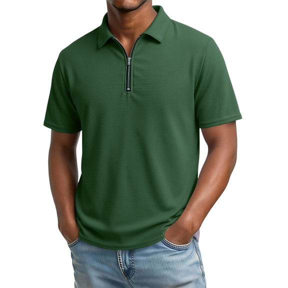 hoksml Men's Soft Stretch Fabric Blend Waffle Knit Half Zip Collared Short Sleeve Shirt, Solid Casual Summer Golf Daily Top
