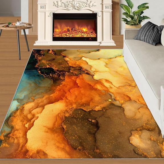 Marble Rug Home Decor, Orange and Yellow Rugs for Living Room Bedroom, Modern Abstract Rug, Washable Rug Soft Portable Non-Slip Area Rug for Dining Room-4' x 6'