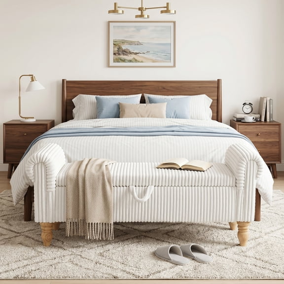 55''W Storage Bench for Queen Bed End of Bed, Mid-Century Corduroy Upholstered Bench with Rolled Armed, White