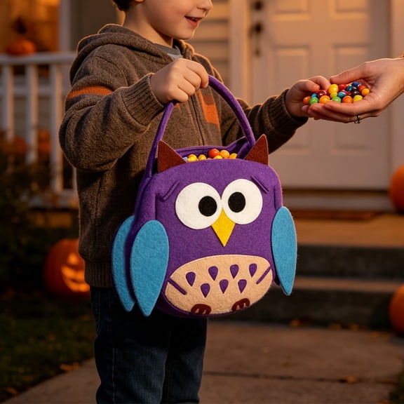 QISIWOLE Halloween Candy Bag, Felt Bag with handle, Gift Baskets for Candy Snacks Toy Party Favor Supplies, Goodie Bags for Kids, Owl Themed