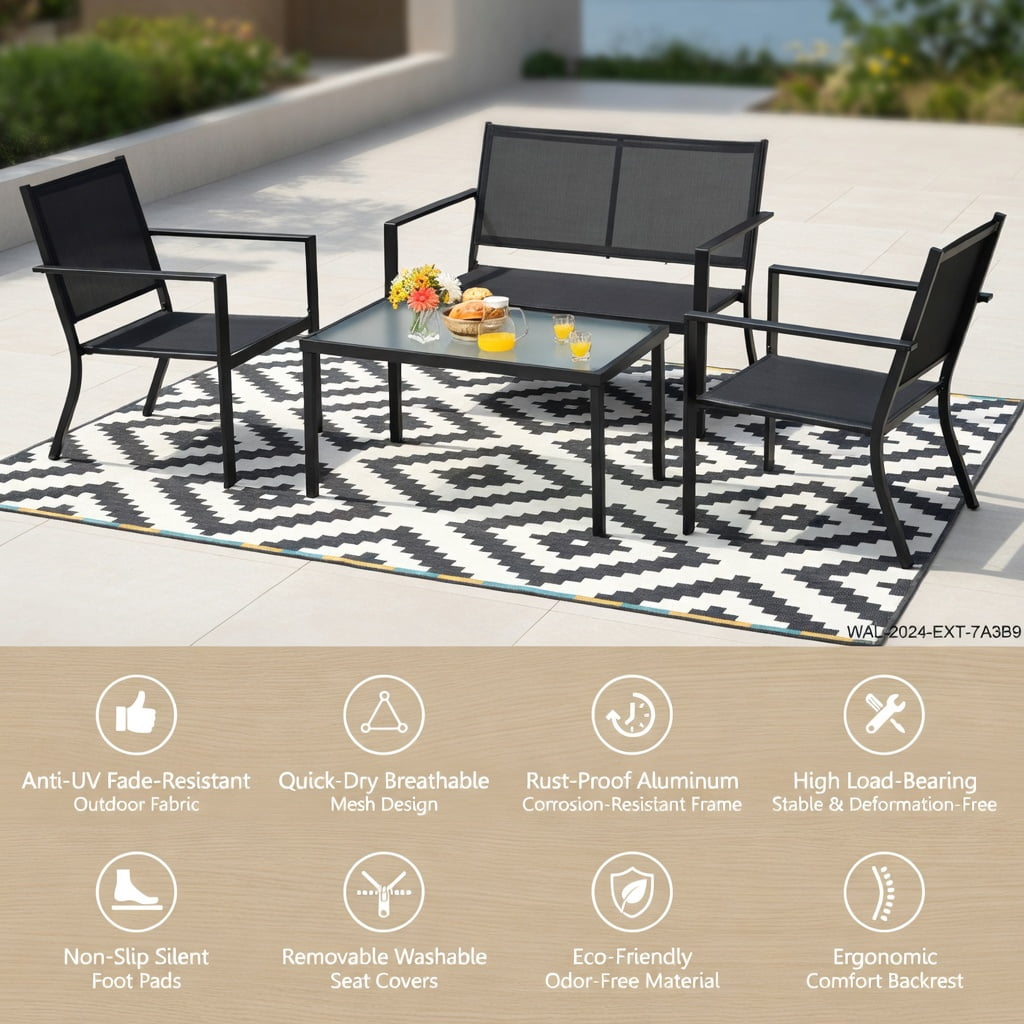 Hommoo 4-Piece Outdoor Patio Furniture Set, Steel Frame Loveseat, 2 Chairs & Tempered Glass Coffee Table for Backyard, Garden, Poolside, Gray
