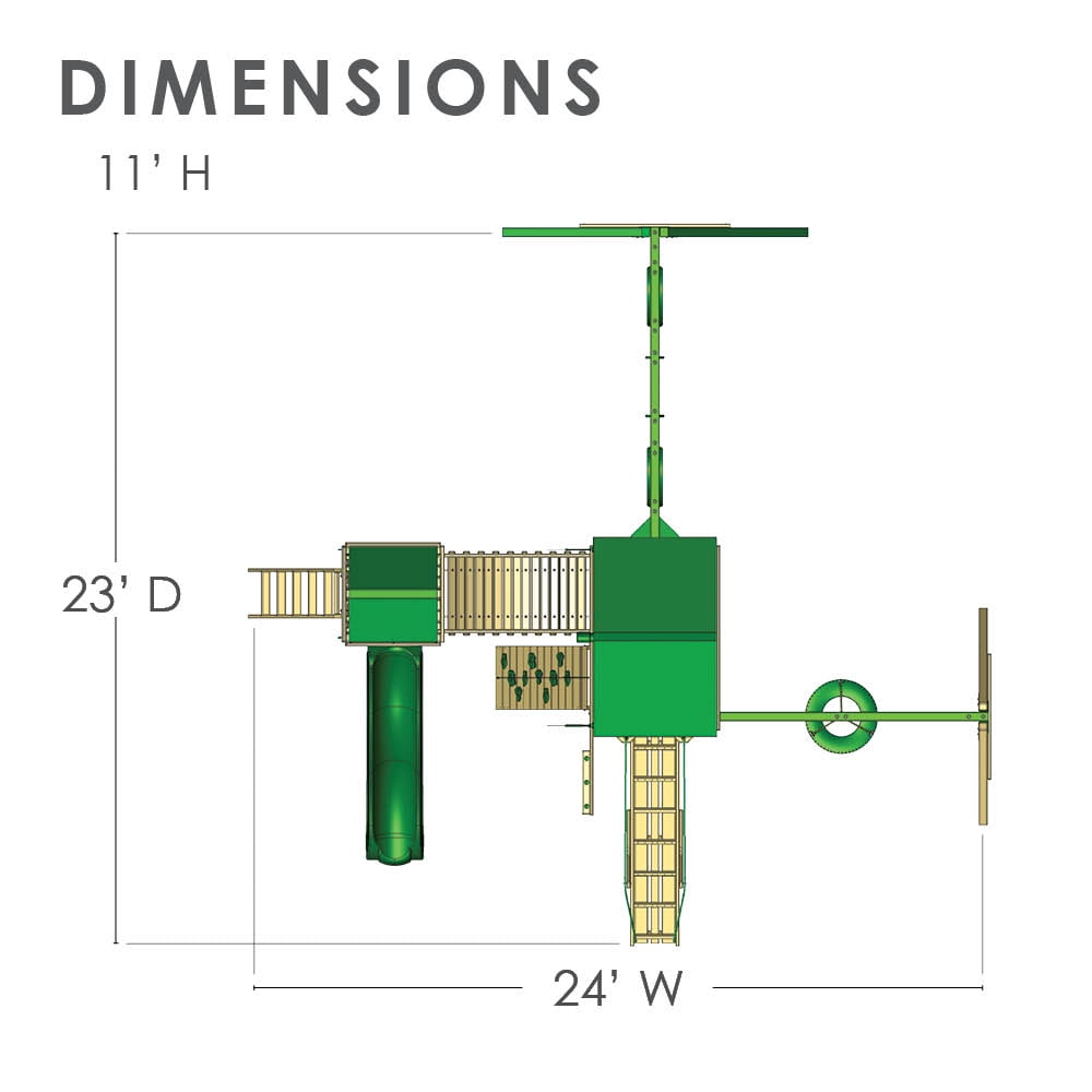 Gorilla Playsets Pioneer Peak Wooden Swing Set with Green Vinyl Canopy, Clatter Bridge and Tower, and Tire Swing