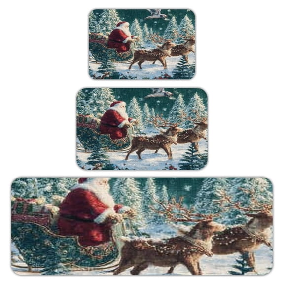 RKSupls Kitchen Rug Set 3 Piece Anti-Slip Flannel Floor Mats, Santa Reindeer Forest Washable Absorbent Runner Mats for Kitchen Bathroom Home Decor