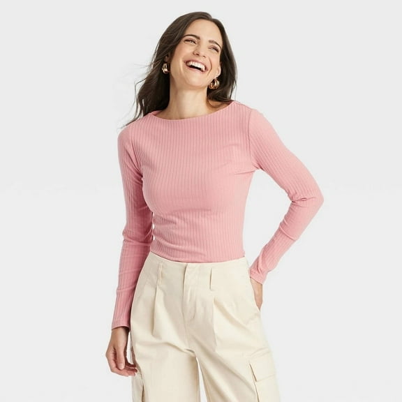 Women's Slim Fit Long Sleeve Ribbed Boat Neck T-Shirt