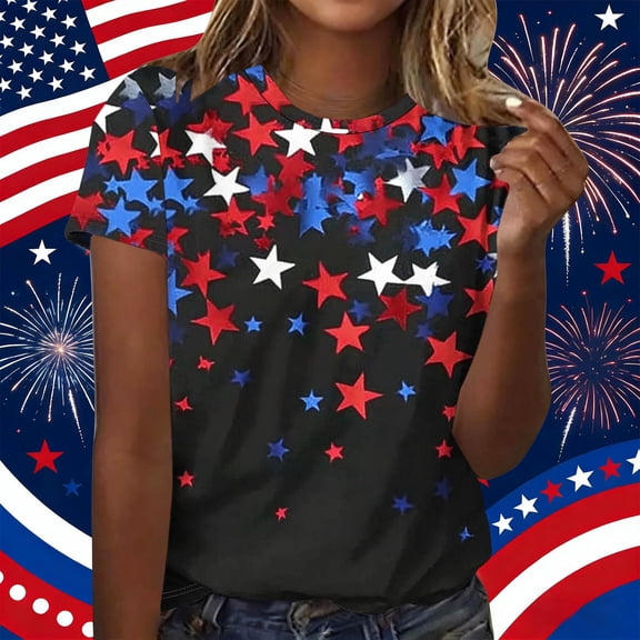 Gamivast T Shirts fort Women Patriotic Star Print Crew Neck Slim Fit Tees Soft Breathable Stretchy Short Sleeve Tops Independence Day Fourth of July Summer Holiday Wear