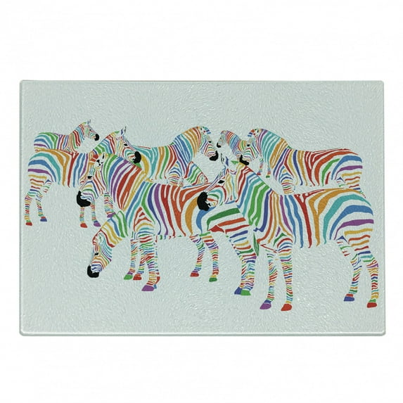 Funny Cutting Board, Colorful Animal Herd with Rainbow Stripes Digital Art Print Modern Safari, Decorative Tempered Glass Cutting and Serving Board, Small Size, Multicolor, by Ambesonne