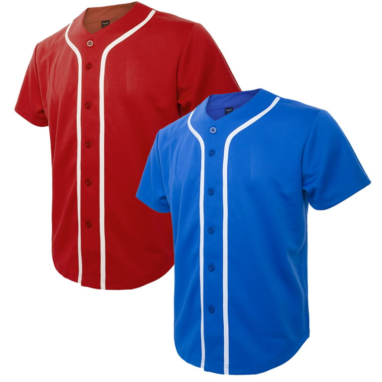 Toptie 2 Pack Men's Baseball Jersey Button Down Jersey Short Sleeve Shirt-Blue Red-2XL