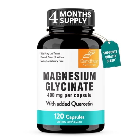 Magnesium Glycinate 400mg High Absorption Capsules with Quercetin | Quality Sleep Relaxation & Muscle Health Supplement for Women and Men | Chelated Magnesium 120 Count (Pack of 1) | Easy to Swallow