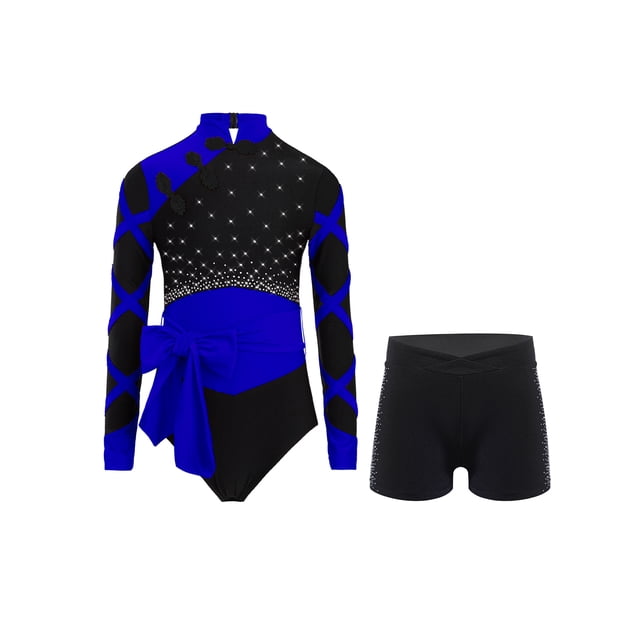 Rswnyirn Justaucorps de Danse Patinage pour Filles Manches Longues Color Block avec Short Bleu 6