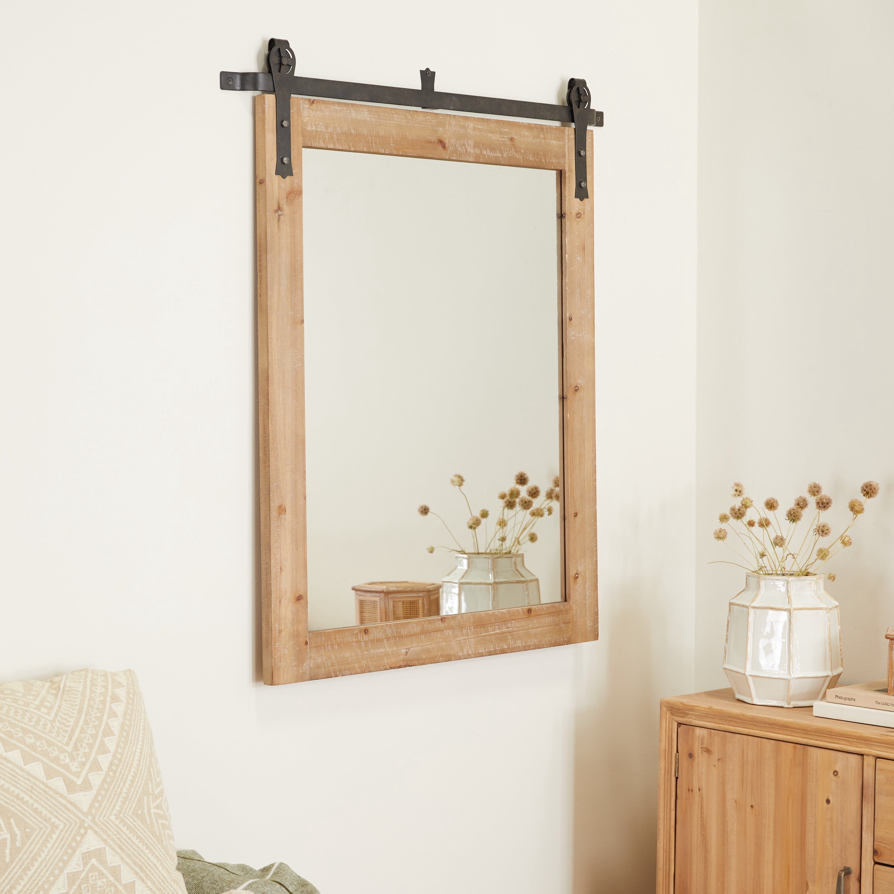 DecMode 37" x 41" Brown Wall Mirror with Metal Hanging Rod