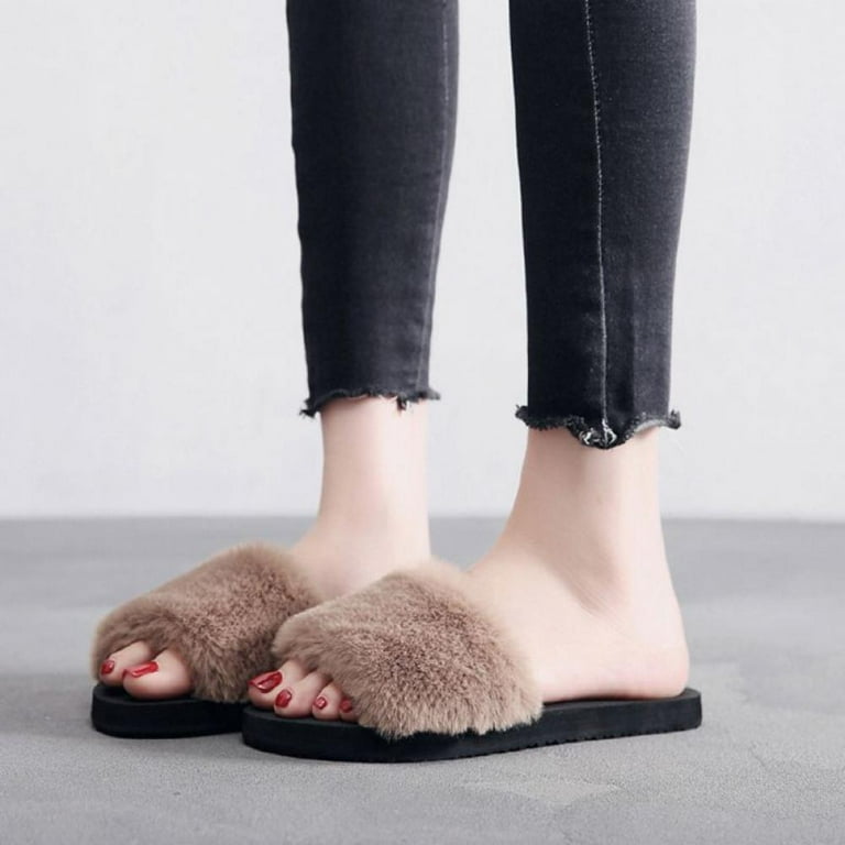 Trendy Faux Fur Slides, Casual Slip On Flat Home Shoes, Women's