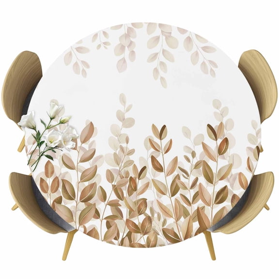 Eucalyptus Leaves Round Tablecloth, Fitted Table Cover with Elastic for 45"-54" Round Tables, Spring Plants Country Yellow Table Cloth Outdoor Indoor Dinning Party Waterproof Tablecloths