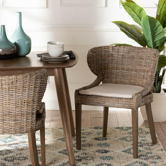bali & pari Niesha Boho Dining Chair, Handwoven Natural Kubu Rattan, Grey