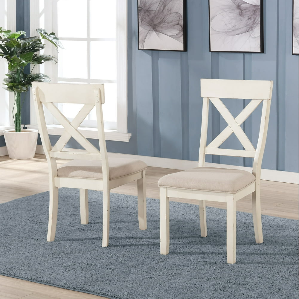 Prato Antique White Wood Cross Back Upholstered Dining Chairs, Set Of 2