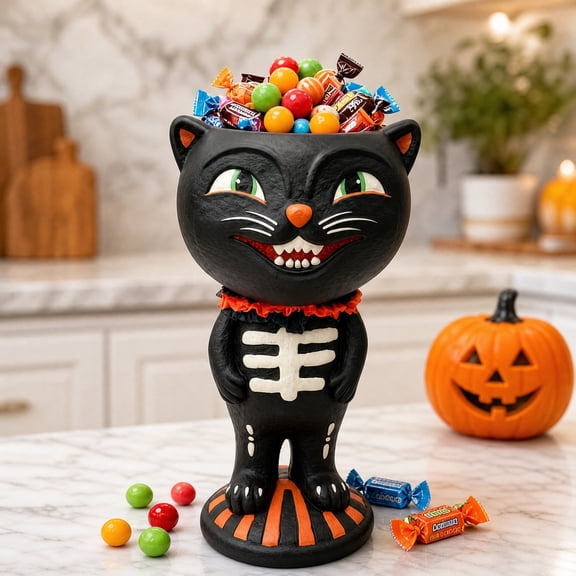 Clearance Halloween Skeleton Candy Bowl, Vintage Resin Treat Jar with Green Eyes and Orange Collar, Tabletop Decor for Mantel Entryway Party Fall Home