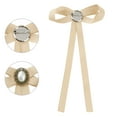 thumbnail image 3 of DARING DIVA Women's Long Ribbon Pre-Tied Bow Tie with Faux Pearl Khaki, 3 of 5