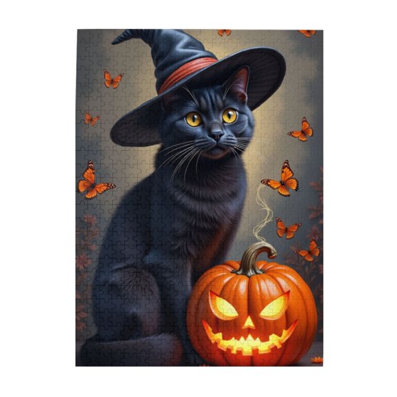 500 Piece Jigsaw Puzzle For Adults Black Cat With Witch Hat & Jacko'Lantern Halloween Puzzles Challenging & Fun Activity Home Decor Great Gift Idea