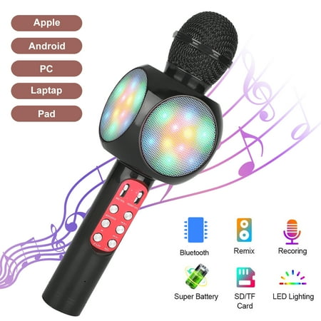 Wireless Bluetooth Karaoke Microphone with LED Lights, EEEkit Aluminum Alloy Portable Handheld Karaoke Machine Mic Hi-Fi Microphone Speaker System for Kids Adults, Black/Red