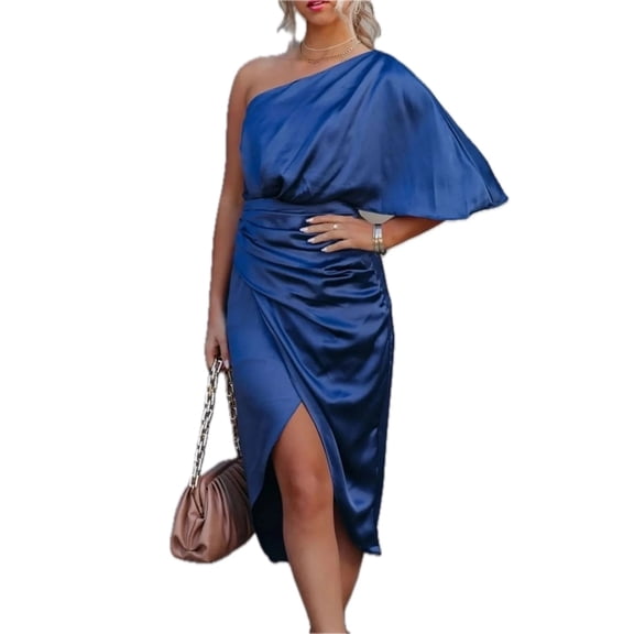 Women's One Shoulder Satin Wrap Dress with Side Slit in 100% Acrylic Fabric for Elegant Evening Occasions and Nights