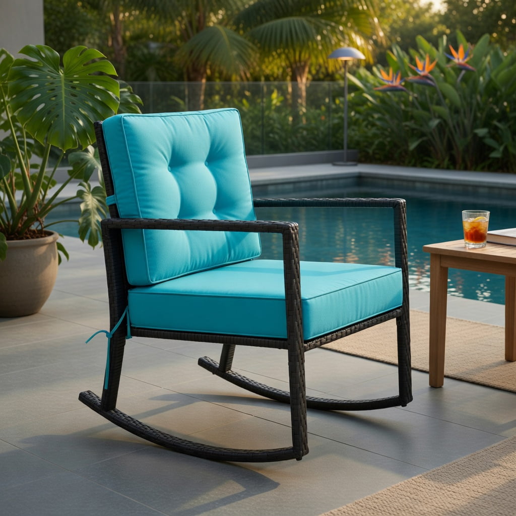 Hommoo Outdoor Rattan Rocking Chair with Thick Tufted Cushions, Weather-Resistant Patio Glider for Deck, Backyard & Garden, Turquoise