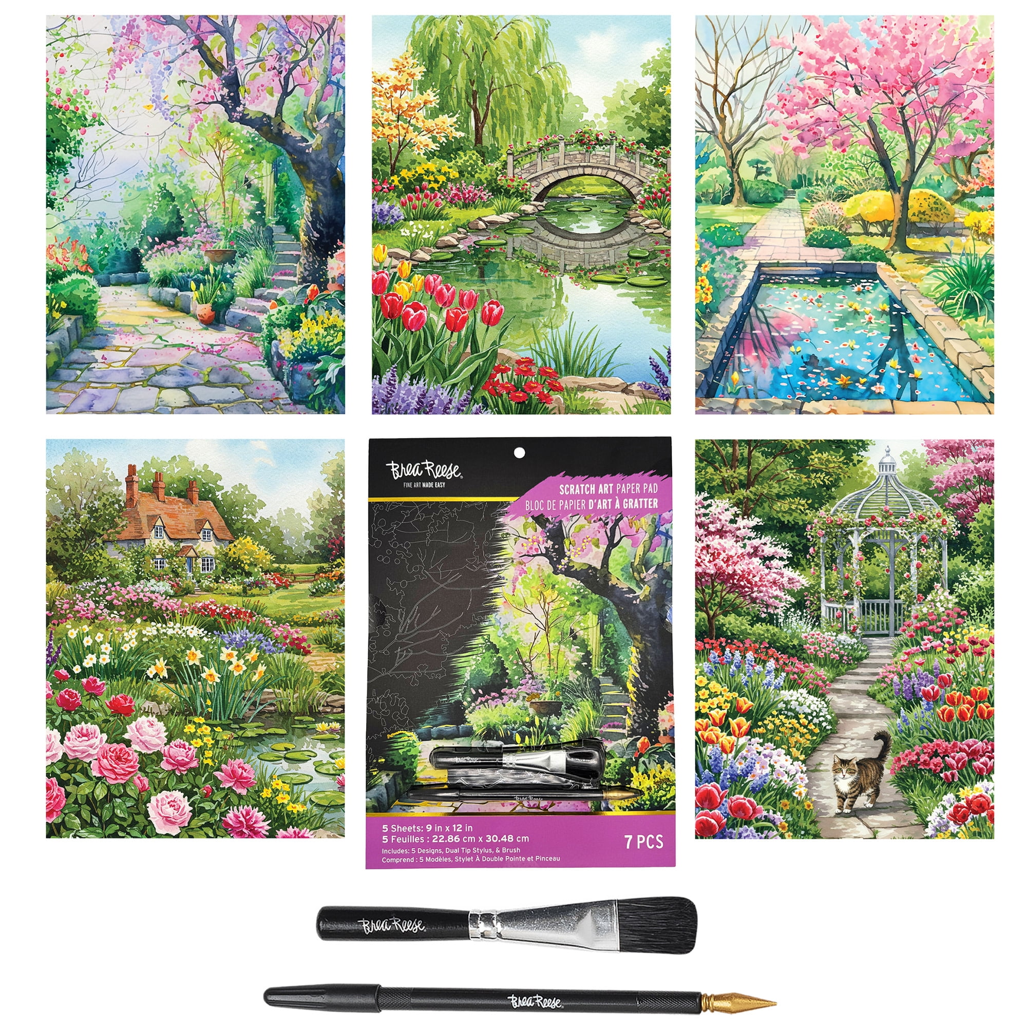 Brea Reese: Scratch Art Paper Pad - Garden Scenes - 5 Nature Designs, Metallic Foil, Dual-Tip Stylus & Brush, Easy-to-Frame 9x12" Pages, Adult Craft