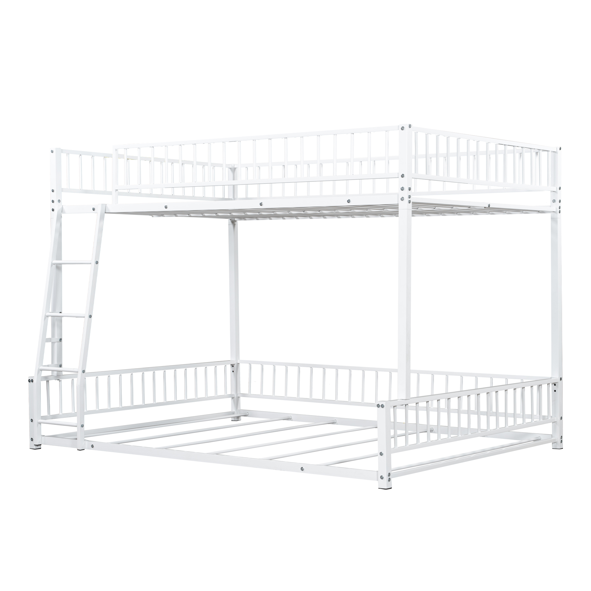 Full XL over Queen Bunk Bed, Heavy Duty Bunk Beds for Adults and Kids,Floor Bed Frame with Ladder and Safety Guardrails, Easy Assemble,White