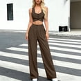 thumbnail image 3 of Bloomae Two Piece Sets for Women Summer Sleeveless Ruched Button Down V Neck Cropped Tank Tops and Elastic Waist Wide Leg Pants with Pockets Matching Sets Coffee L, 3 of 8