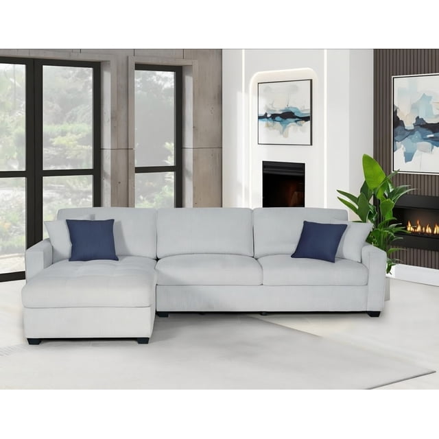 K-Living Reversible Sectional in Sand Linen Fabric with 2 Throw Pillows